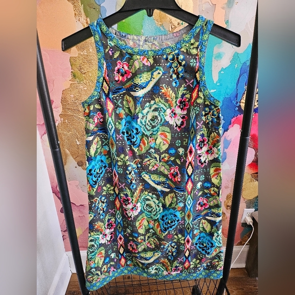 Floral and Bird Patterned Sleeveless Dress